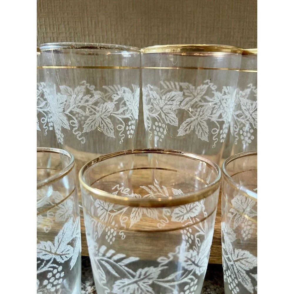Vintage Bartlett Collins 806 Grapevine Frosted Tumblers Gold Rim Set of 7